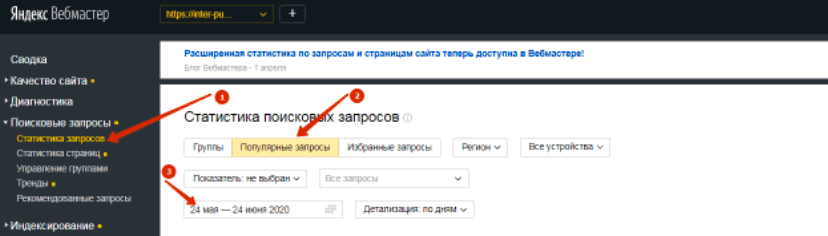 Статистика популярных запросов в Яндекс Вебмастере